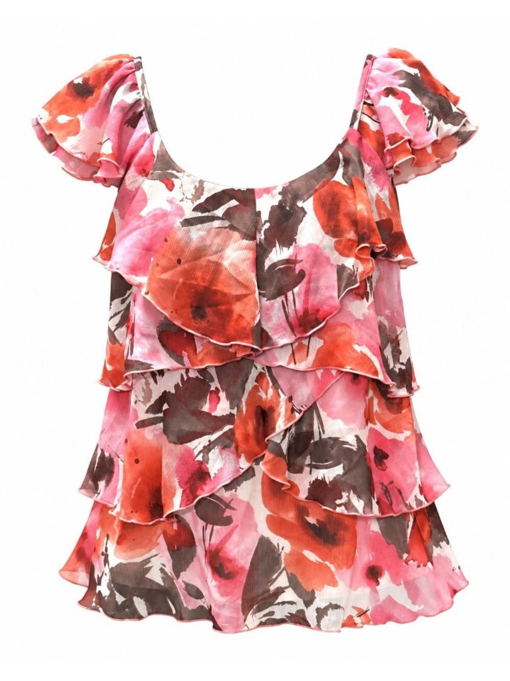 AGB Size S Pink Coral Floral Tiered Ruffle Chiffon Blouse Layered Flutter Sleeve